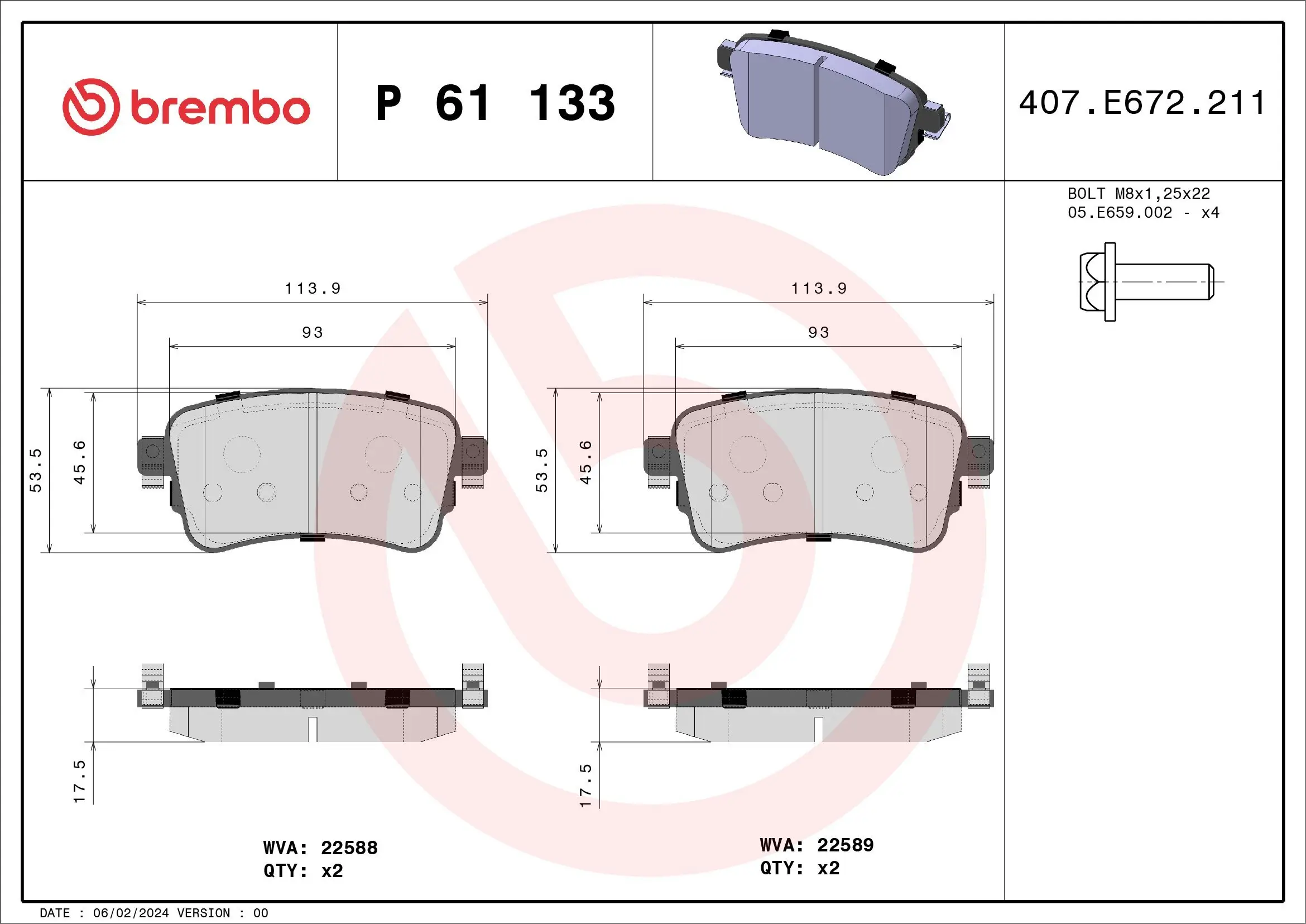 Bremsbelagsatz, Scheibenbremse BREMBO P 61 133