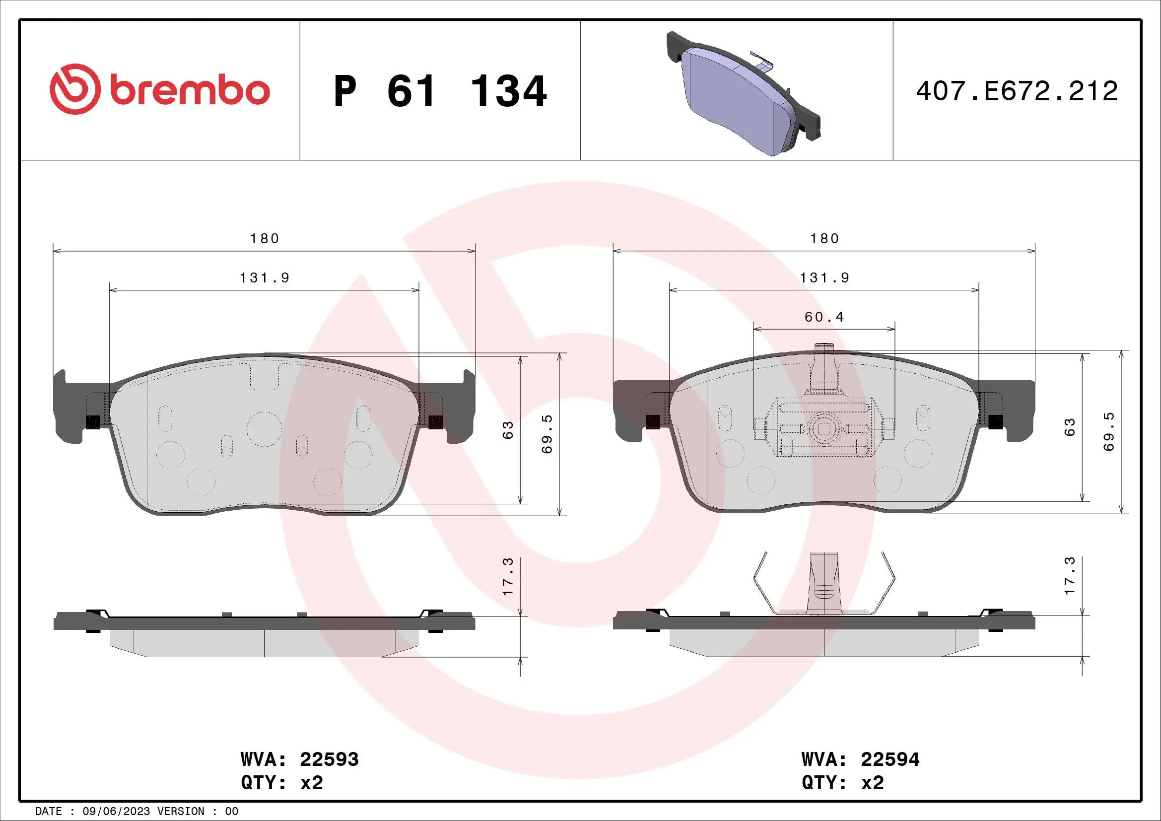 Bremsbelagsatz, Scheibenbremse BREMBO P 61 134