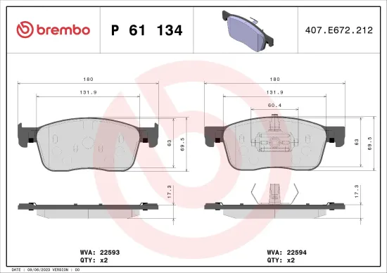 Bremsbelagsatz, Scheibenbremse BREMBO P 61 134 Bild Bremsbelagsatz, Scheibenbremse BREMBO P 61 134