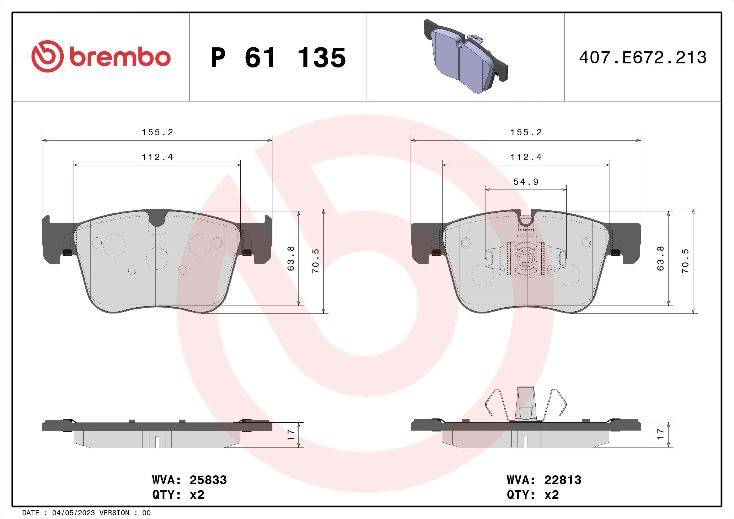 Bremsbelagsatz, Scheibenbremse Vorderachse BREMBO P 61 135