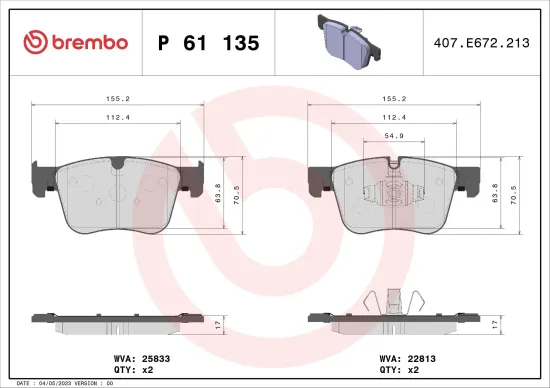 Bremsbelagsatz, Scheibenbremse Vorderachse BREMBO P 61 135 Bild Bremsbelagsatz, Scheibenbremse Vorderachse BREMBO P 61 135