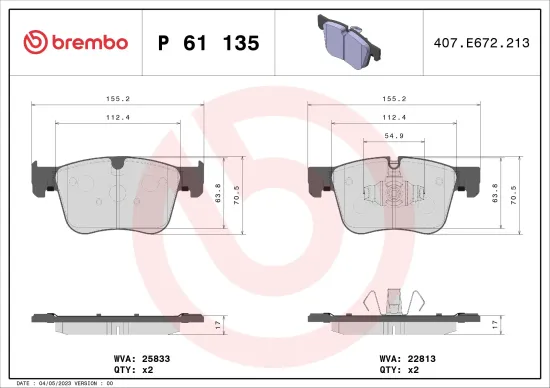 Bremsbelagsatz, Scheibenbremse Vorderachse BREMBO P 61 135 Bild Bremsbelagsatz, Scheibenbremse Vorderachse BREMBO P 61 135