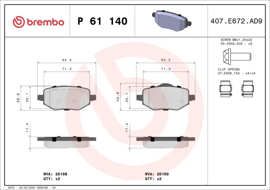 Bremsbelagsatz, Scheibenbremse BREMBO P 61 140 Bild Bremsbelagsatz, Scheibenbremse BREMBO P 61 140