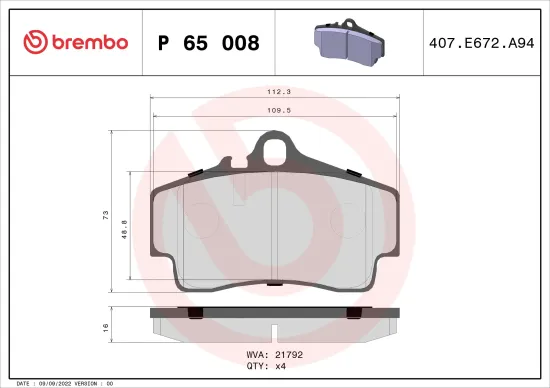 Bremsbelagsatz, Scheibenbremse Hinterachse BREMBO P 65 008 Bild Bremsbelagsatz, Scheibenbremse Hinterachse BREMBO P 65 008