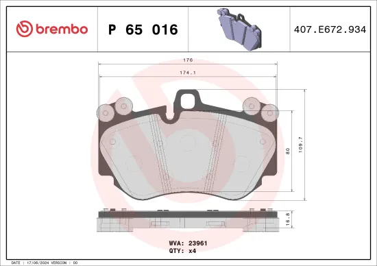 Bremsbelagsatz, Scheibenbremse Vorderachse BREMBO P 65 016 Bild Bremsbelagsatz, Scheibenbremse Vorderachse BREMBO P 65 016