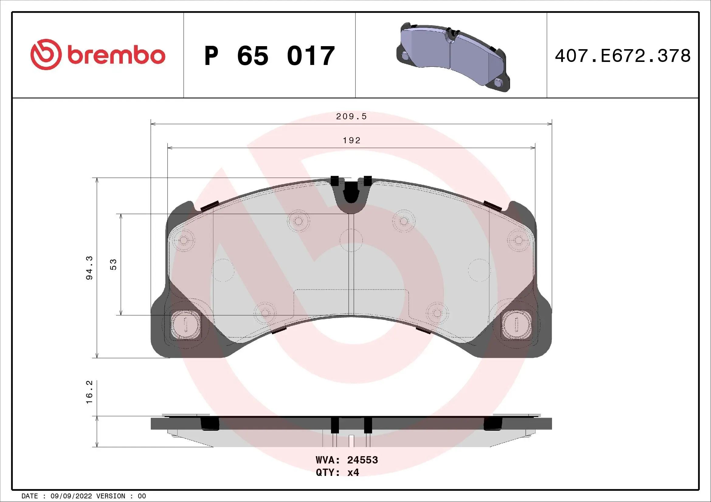 Bremsbelagsatz, Scheibenbremse Vorderachse BREMBO P 65 017