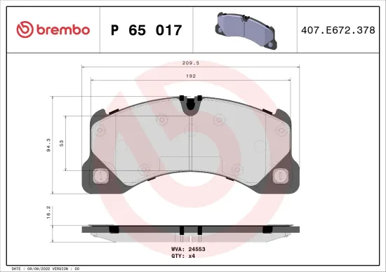 Bremsbelagsatz, Scheibenbremse Vorderachse BREMBO P 65 017 Bild Bremsbelagsatz, Scheibenbremse Vorderachse BREMBO P 65 017