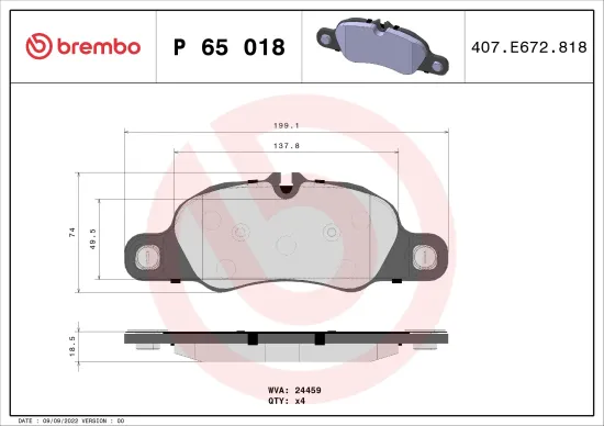 Bremsbelagsatz, Scheibenbremse Vorderachse BREMBO P 65 018 Bild Bremsbelagsatz, Scheibenbremse Vorderachse BREMBO P 65 018