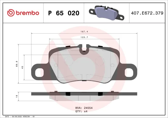 Bremsbelagsatz, Scheibenbremse Hinterachse BREMBO P 65 020 Bild Bremsbelagsatz, Scheibenbremse Hinterachse BREMBO P 65 020