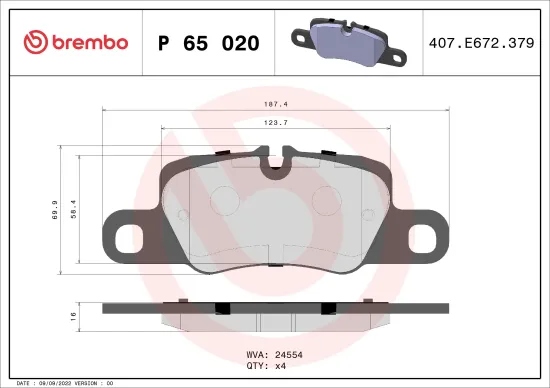 Bremsbelagsatz, Scheibenbremse Hinterachse BREMBO P 65 020 Bild Bremsbelagsatz, Scheibenbremse Hinterachse BREMBO P 65 020