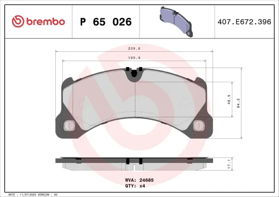 Bremsbelagsatz, Scheibenbremse Vorderachse BREMBO P 65 026 Bild Bremsbelagsatz, Scheibenbremse Vorderachse BREMBO P 65 026
