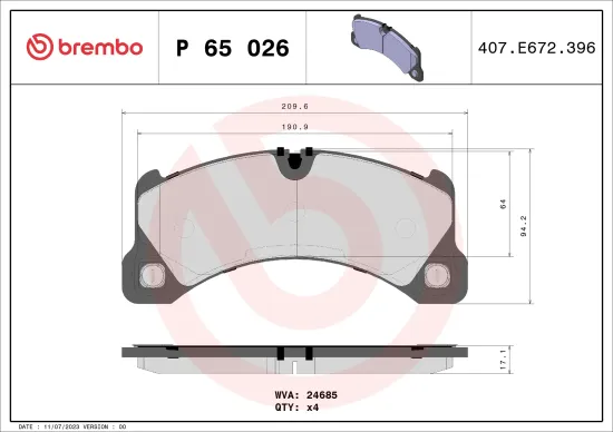 Bremsbelagsatz, Scheibenbremse Vorderachse BREMBO P 65 026 Bild Bremsbelagsatz, Scheibenbremse Vorderachse BREMBO P 65 026
