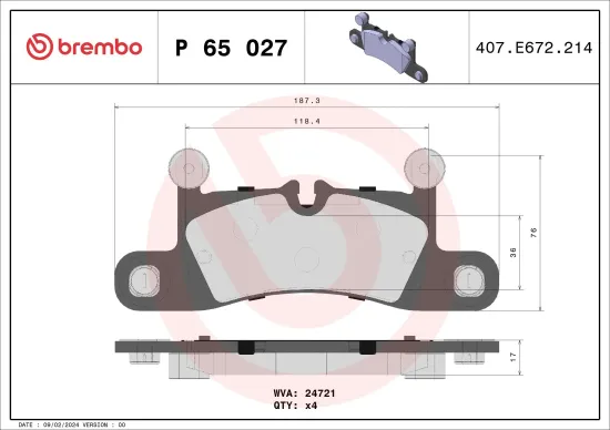 Bremsbelagsatz, Scheibenbremse Hinterachse BREMBO P 65 027 Bild Bremsbelagsatz, Scheibenbremse Hinterachse BREMBO P 65 027