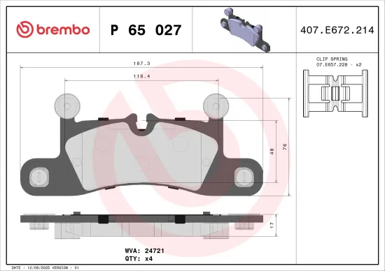 Bremsbelagsatz, Scheibenbremse Hinterachse BREMBO P 65 027 Bild Bremsbelagsatz, Scheibenbremse Hinterachse BREMBO P 65 027