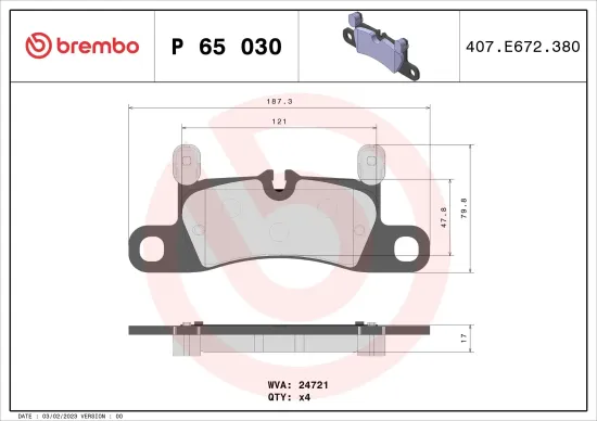 Bremsbelagsatz, Scheibenbremse Hinterachse BREMBO P 65 030 Bild Bremsbelagsatz, Scheibenbremse Hinterachse BREMBO P 65 030