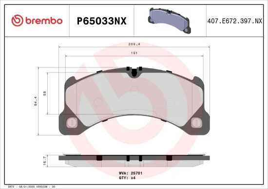 Bremsbelagsatz, Scheibenbremse Vorderachse BREMBO P65033NX Bild Bremsbelagsatz, Scheibenbremse Vorderachse BREMBO P65033NX