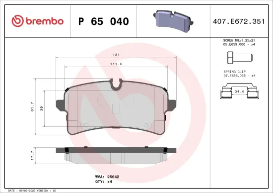 Bremsbelagsatz, Scheibenbremse Hinterachse BREMBO P 65 040 Bild Bremsbelagsatz, Scheibenbremse Hinterachse BREMBO P 65 040