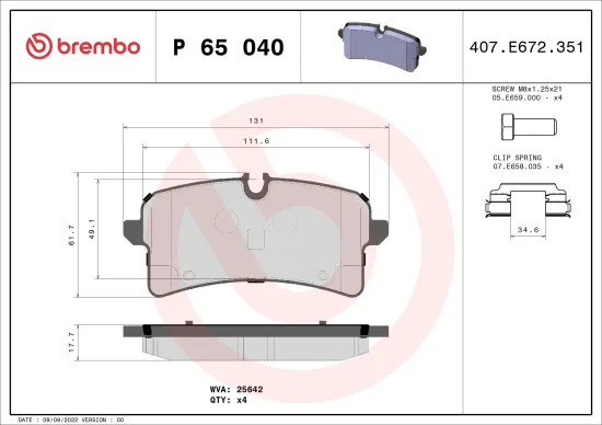 Bremsbelagsatz, Scheibenbremse Hinterachse BREMBO P 65 040 Bild Bremsbelagsatz, Scheibenbremse Hinterachse BREMBO P 65 040