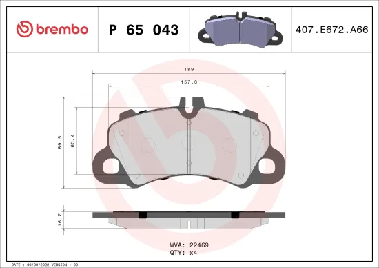 Bremsbelagsatz, Scheibenbremse Vorderachse BREMBO P 65 043 Bild Bremsbelagsatz, Scheibenbremse Vorderachse BREMBO P 65 043