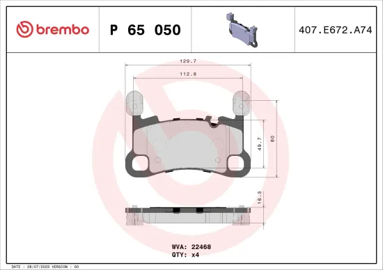 Bremsbelagsatz, Scheibenbremse Hinterachse BREMBO P 65 050 Bild Bremsbelagsatz, Scheibenbremse Hinterachse BREMBO P 65 050
