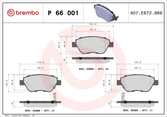 Bremsbelagsatz, Scheibenbremse Vorderachse BREMBO P 66 001 Bild Bremsbelagsatz, Scheibenbremse Vorderachse BREMBO P 66 001