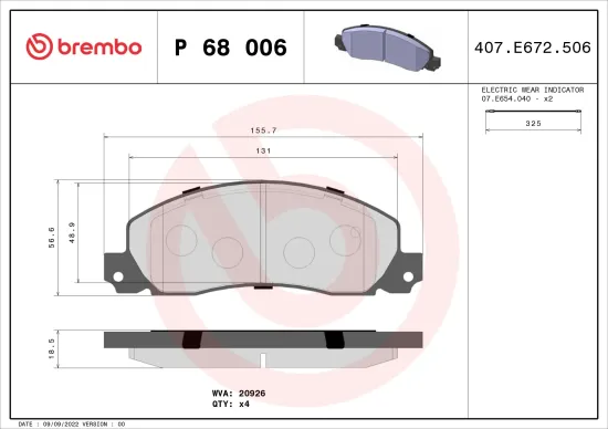 Bremsbelagsatz, Scheibenbremse Vorderachse BREMBO P 68 006 Bild Bremsbelagsatz, Scheibenbremse Vorderachse BREMBO P 68 006