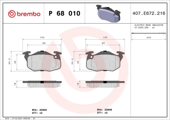 Bremsbelagsatz, Scheibenbremse Vorderachse BREMBO P 68 010 Bild Bremsbelagsatz, Scheibenbremse Vorderachse BREMBO P 68 010