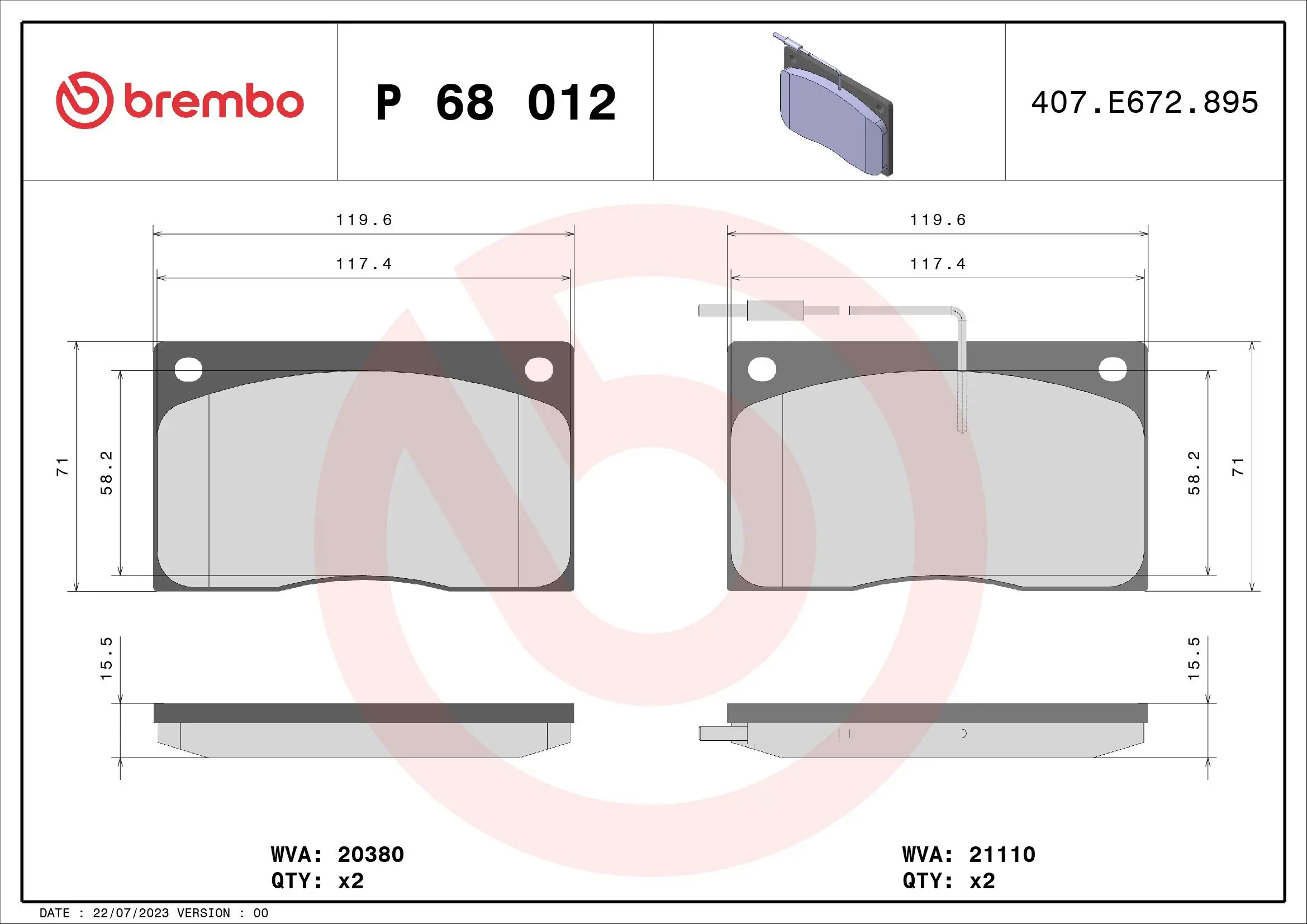 Bremsbelagsatz, Scheibenbremse Vorderachse BREMBO P 68 012