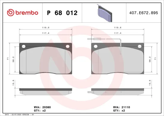 Bremsbelagsatz, Scheibenbremse Vorderachse BREMBO P 68 012 Bild Bremsbelagsatz, Scheibenbremse Vorderachse BREMBO P 68 012