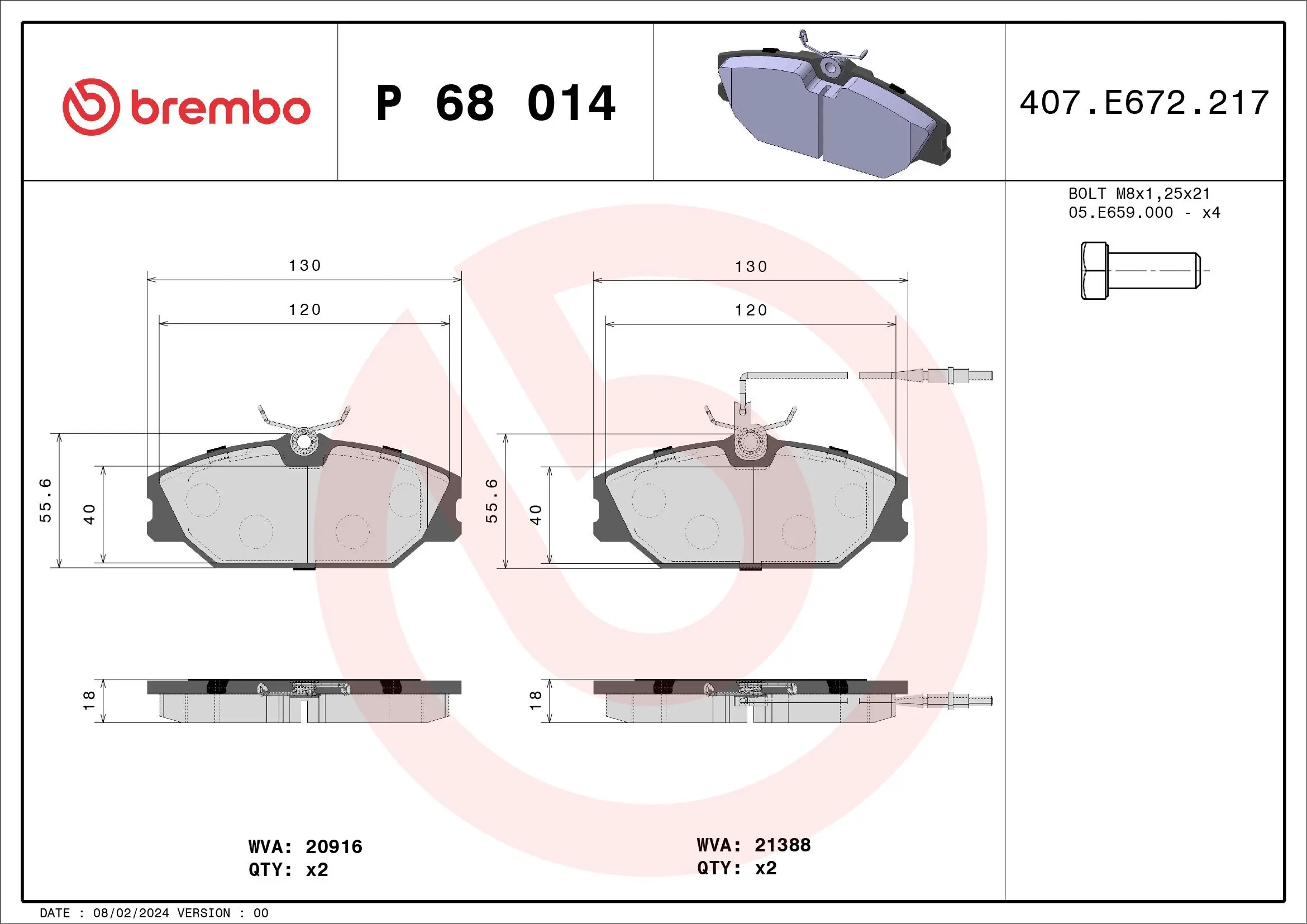 Bremsbelagsatz, Scheibenbremse Vorderachse BREMBO P 68 014