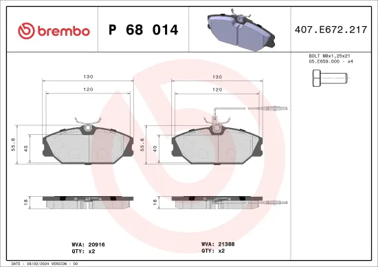 Bremsbelagsatz, Scheibenbremse Vorderachse BREMBO P 68 014 Bild Bremsbelagsatz, Scheibenbremse Vorderachse BREMBO P 68 014