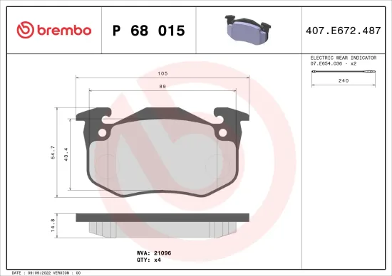 Bremsbelagsatz, Scheibenbremse Vorderachse BREMBO P 68 015 Bild Bremsbelagsatz, Scheibenbremse Vorderachse BREMBO P 68 015