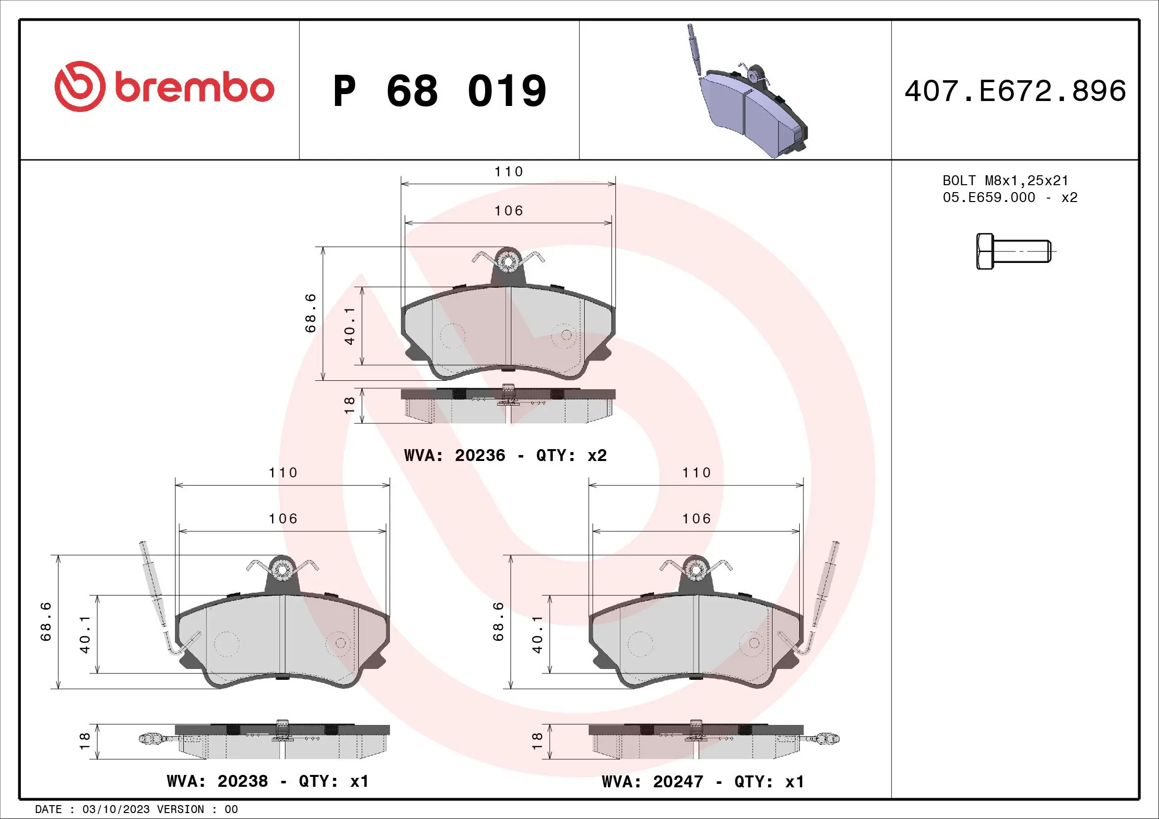 Bremsbelagsatz, Scheibenbremse Vorderachse BREMBO P 68 019
