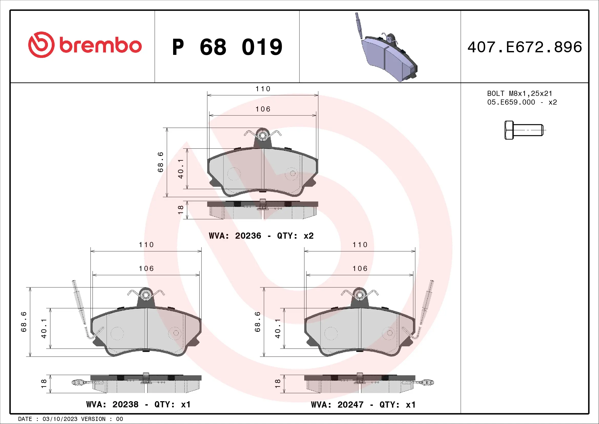 Bremsbelagsatz, Scheibenbremse Vorderachse BREMBO P 68 019
