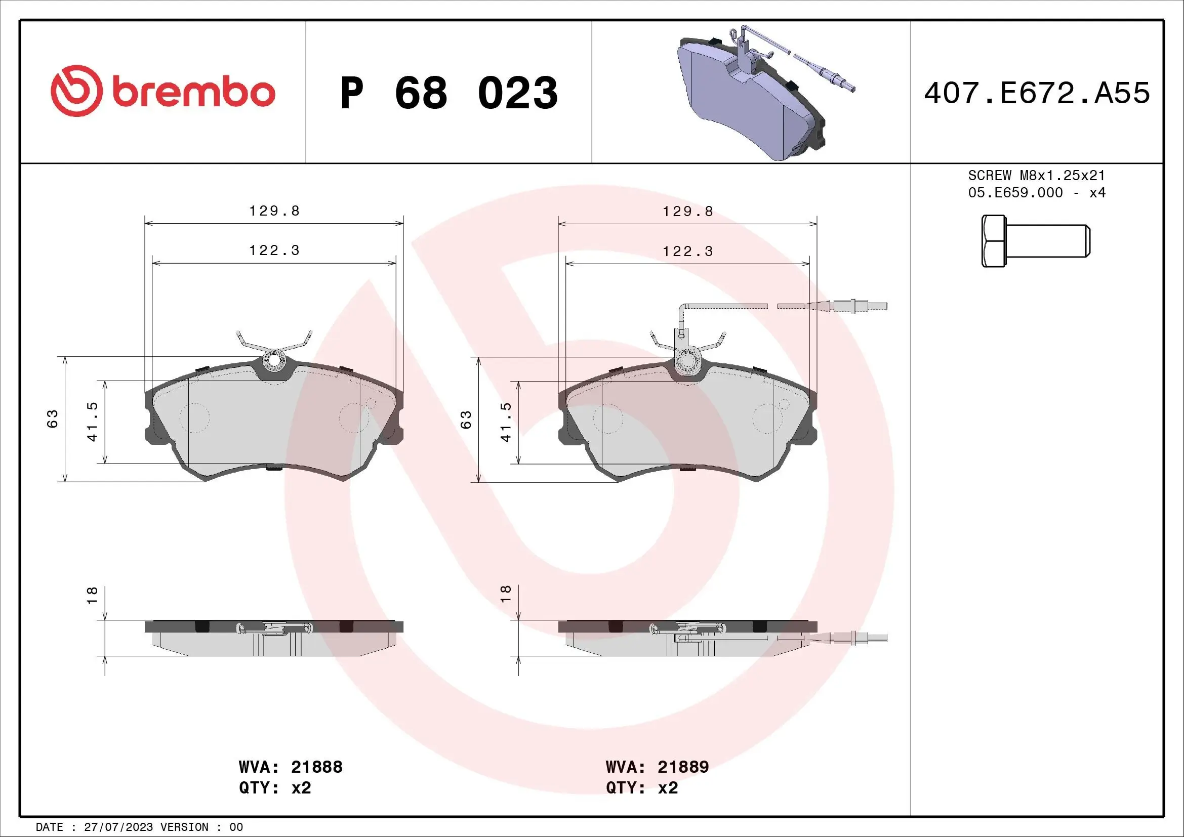 Bremsbelagsatz, Scheibenbremse Vorderachse BREMBO P 68 023