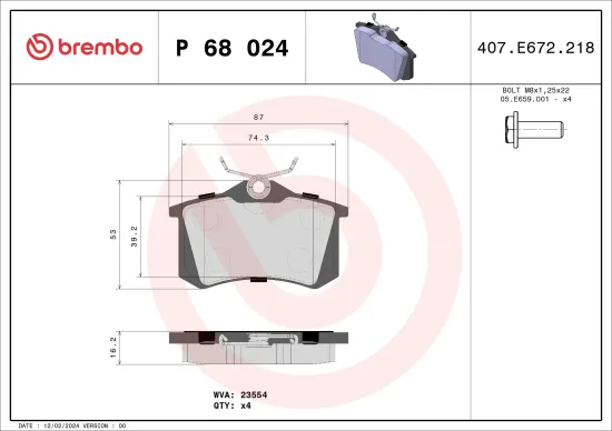 Bremsbelagsatz, Scheibenbremse BREMBO P 68 024X Bild Bremsbelagsatz, Scheibenbremse BREMBO P 68 024X