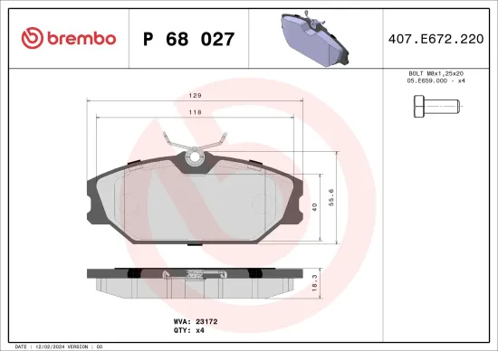Bremsbelagsatz, Scheibenbremse Vorderachse BREMBO P 68 027 Bild Bremsbelagsatz, Scheibenbremse Vorderachse BREMBO P 68 027