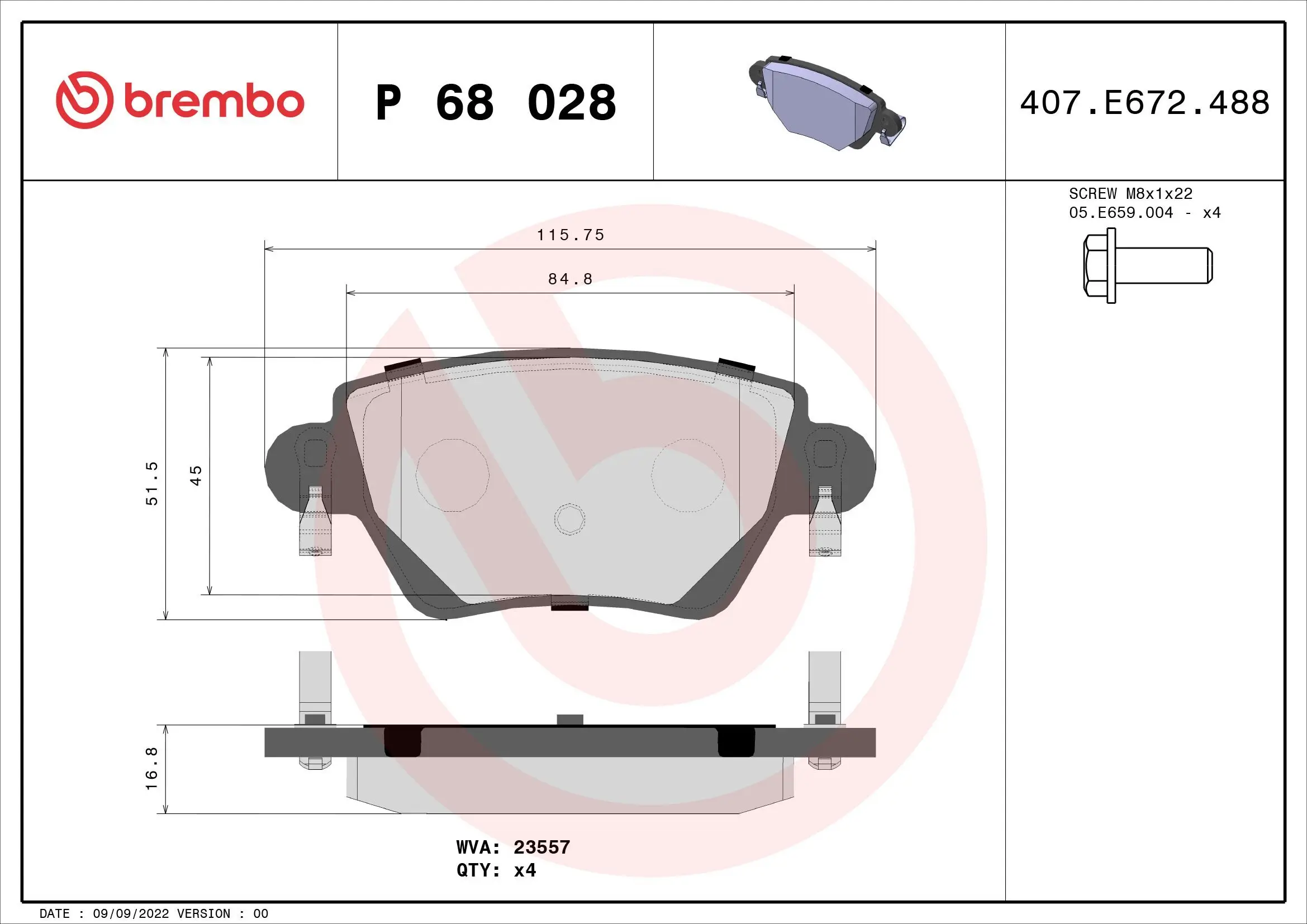 Bremsbelagsatz, Scheibenbremse Hinterachse BREMBO P 68 028