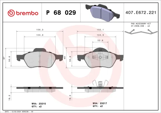 Bremsbelagsatz, Scheibenbremse Vorderachse BREMBO P 68 029 Bild Bremsbelagsatz, Scheibenbremse Vorderachse BREMBO P 68 029