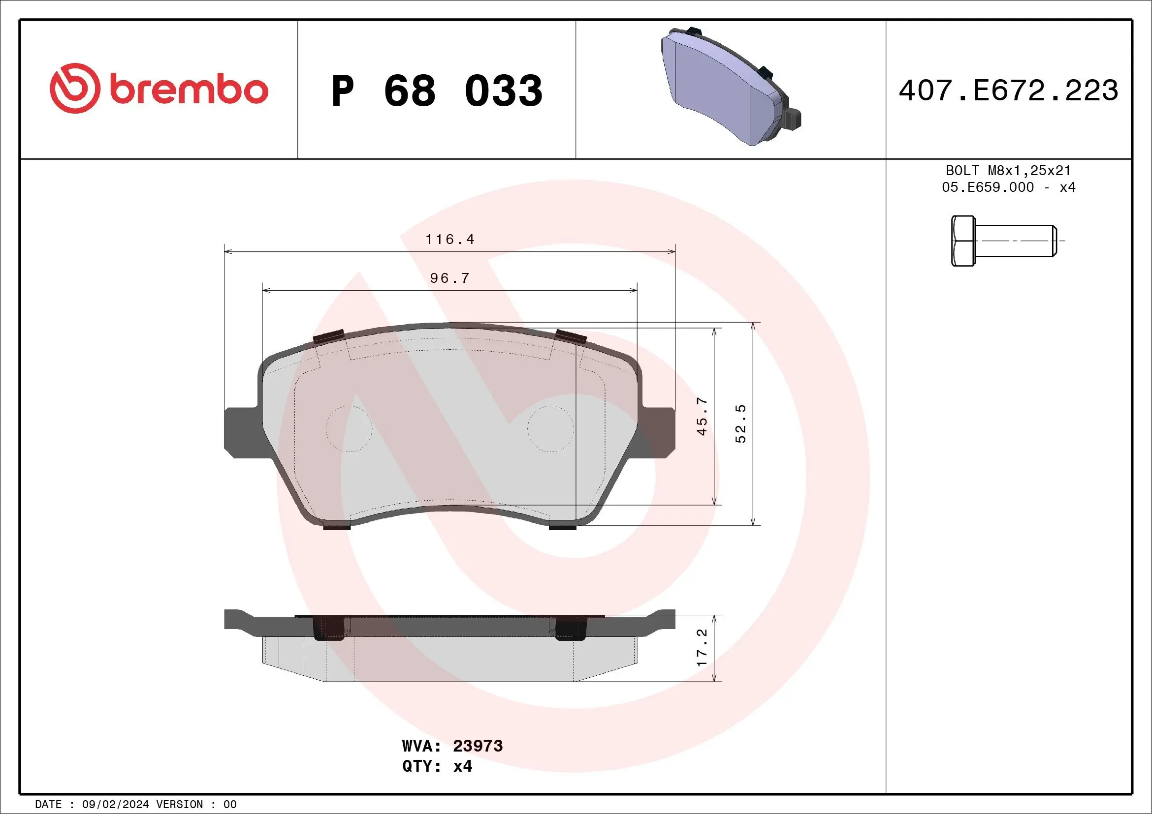 Bremsbelagsatz, Scheibenbremse BREMBO P 68 033X