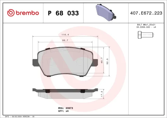 Bremsbelagsatz, Scheibenbremse BREMBO P 68 033X Bild Bremsbelagsatz, Scheibenbremse BREMBO P 68 033X