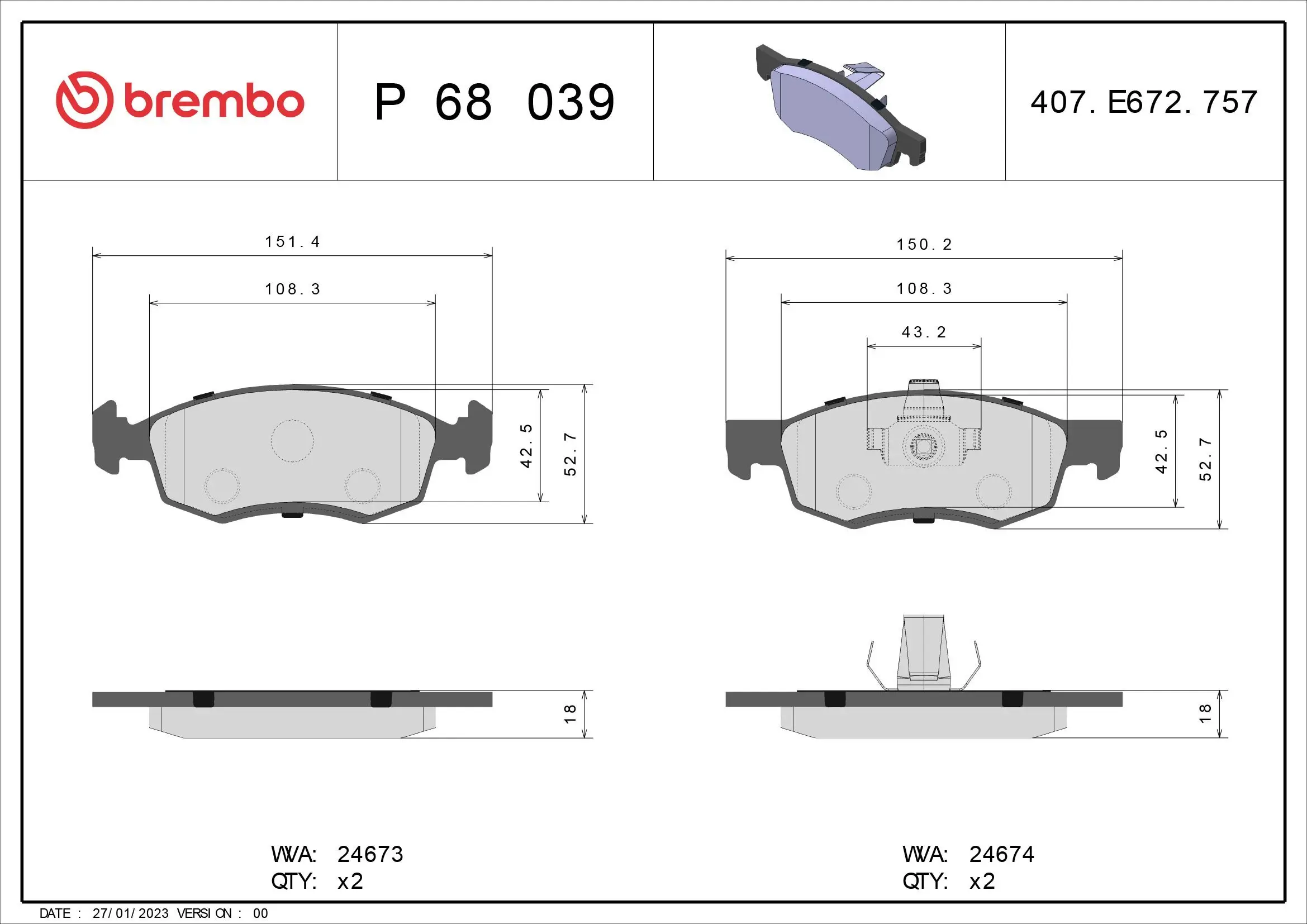 Bremsbelagsatz, Scheibenbremse BREMBO P 68 039