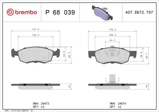 Bremsbelagsatz, Scheibenbremse BREMBO P 68 039 Bild Bremsbelagsatz, Scheibenbremse BREMBO P 68 039