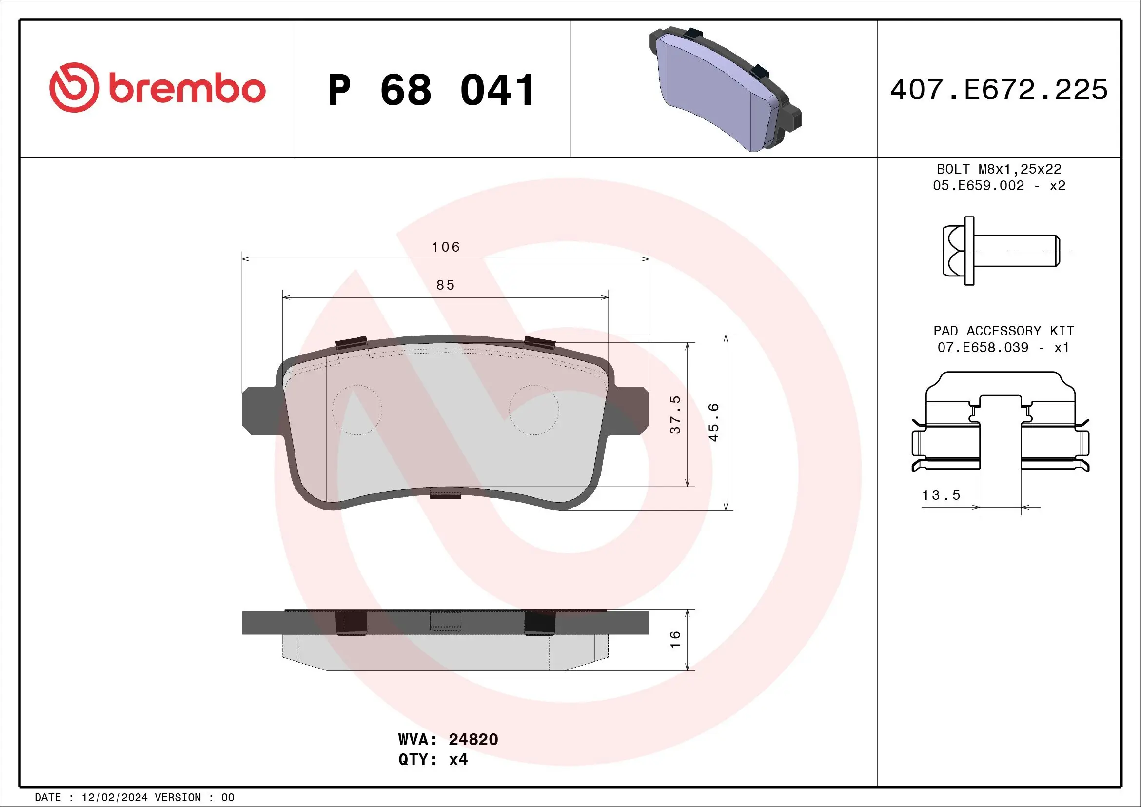 Bremsbelagsatz, Scheibenbremse BREMBO P 68 041