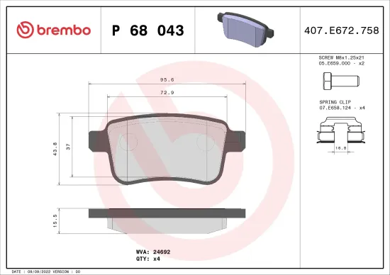 Bremsbelagsatz, Scheibenbremse Hinterachse BREMBO P 68 043 Bild Bremsbelagsatz, Scheibenbremse Hinterachse BREMBO P 68 043