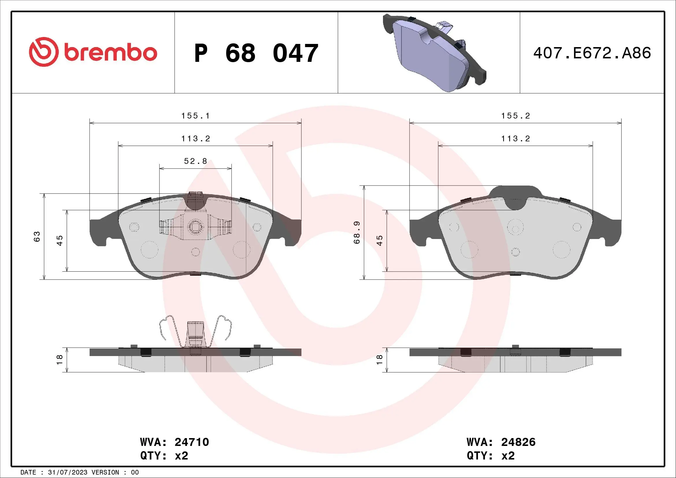 Bremsbelagsatz, Scheibenbremse Vorderachse BREMBO P 68 047