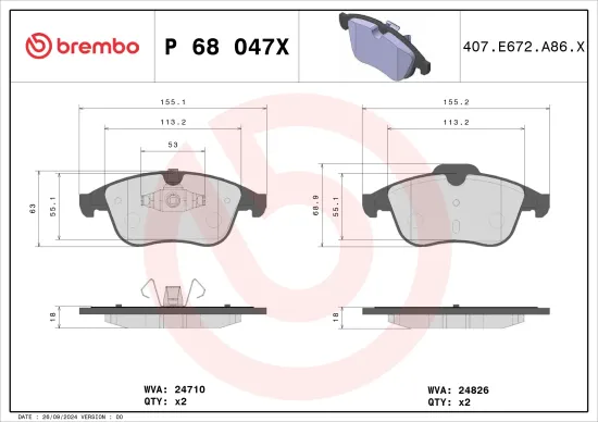 Bremsbelagsatz, Scheibenbremse Vorderachse BREMBO P 68 047X Bild Bremsbelagsatz, Scheibenbremse Vorderachse BREMBO P 68 047X