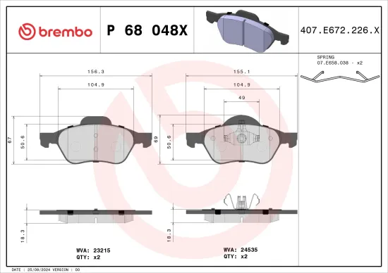 Bremsbelagsatz, Scheibenbremse Vorderachse BREMBO P 68 048X Bild Bremsbelagsatz, Scheibenbremse Vorderachse BREMBO P 68 048X