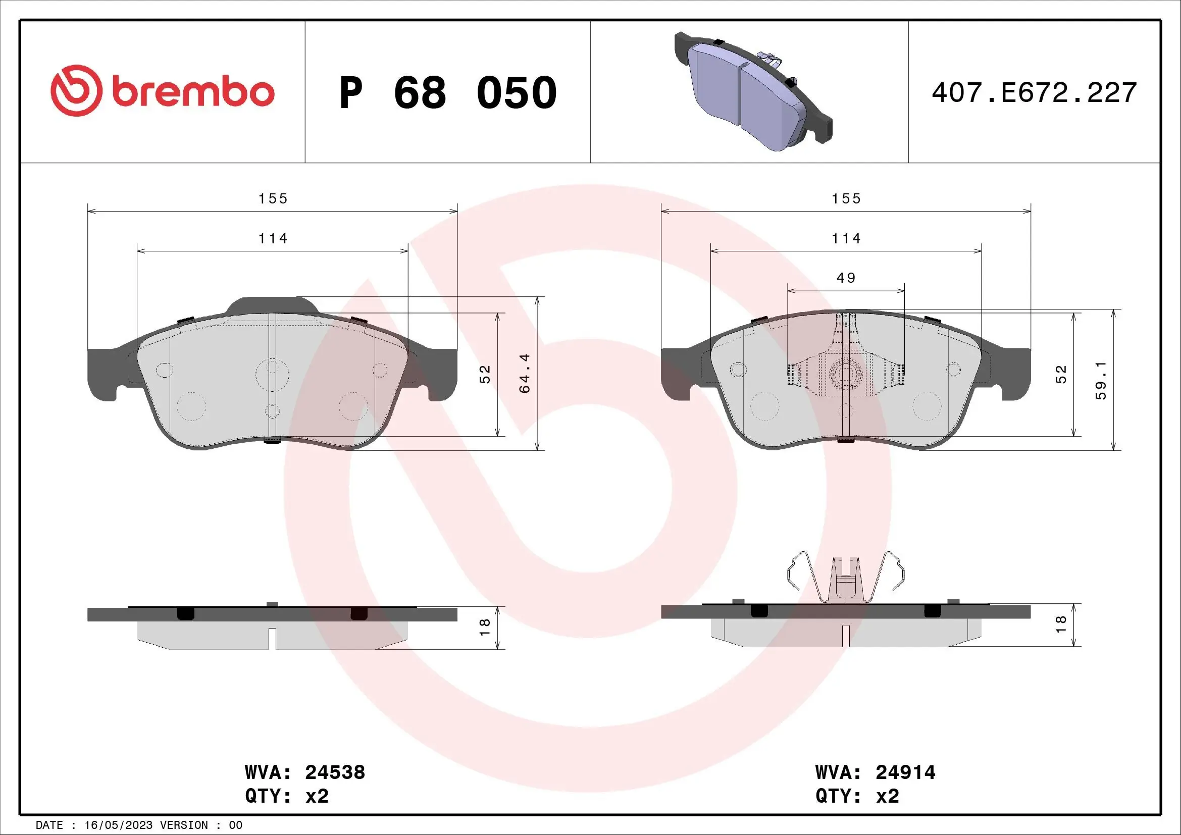 Bremsbelagsatz, Scheibenbremse BREMBO P 68 050