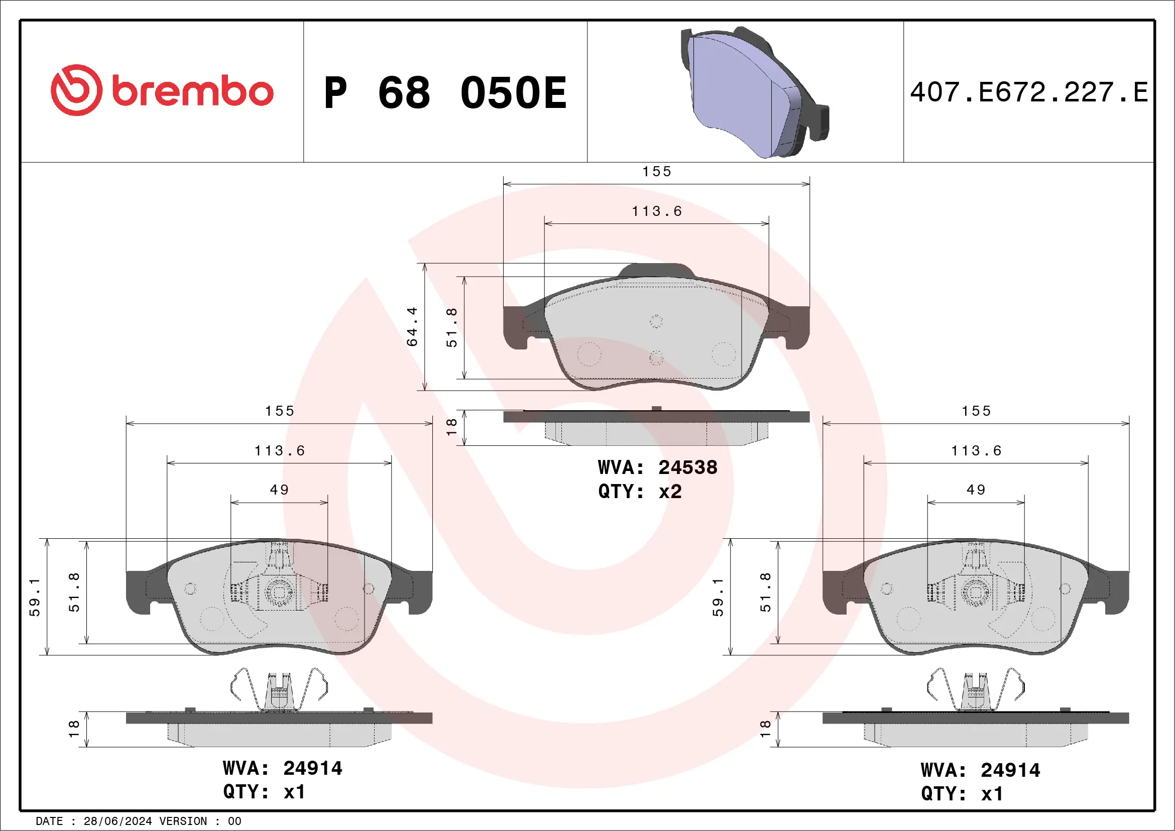 Bremsbelagsatz, Scheibenbremse Vorderachse BREMBO P 68 050E